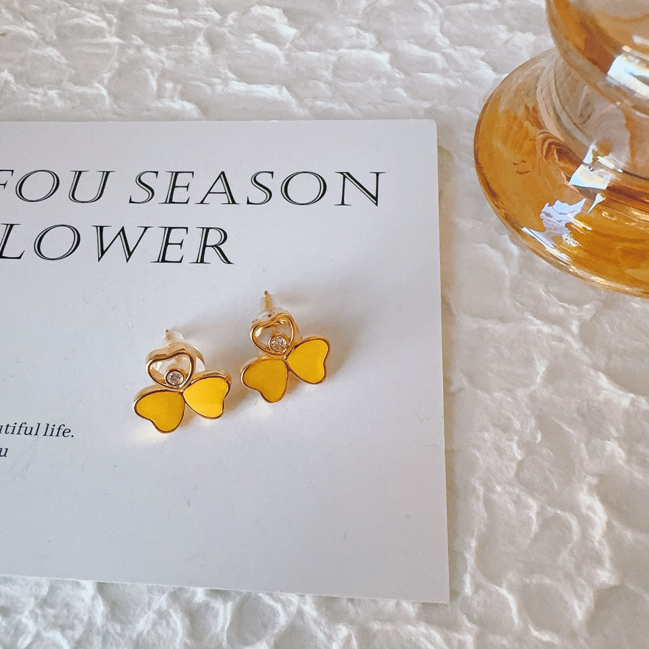 铜合金珐琅耳饰 3050 黄色滴釉三叶草