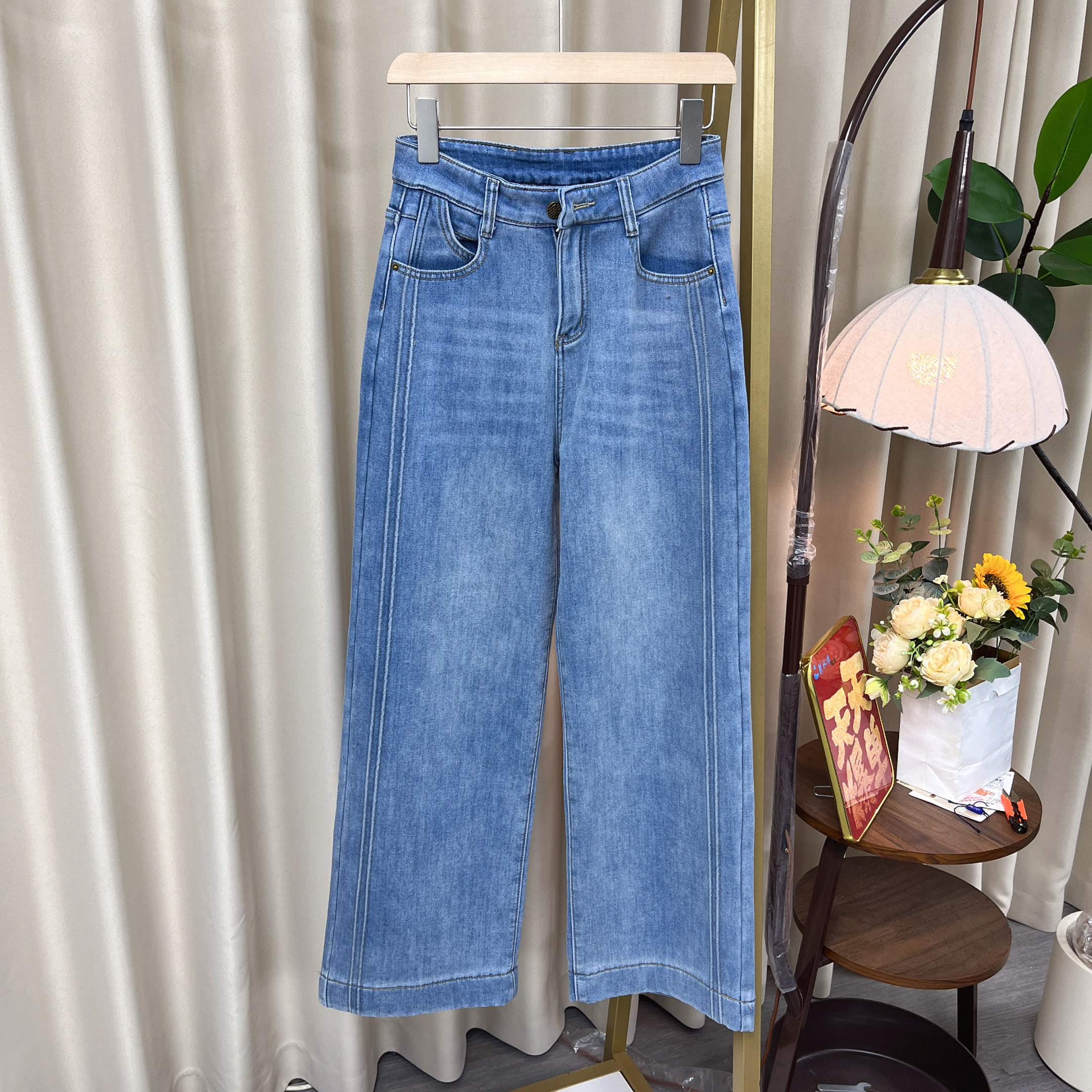 89830-2女装牛仔裤蓝色加绒加厚显瘦百搭阔腿裤