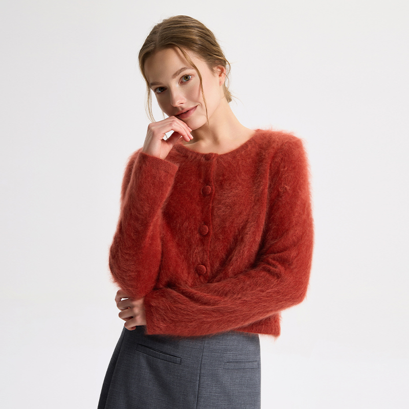 di kangra/德凯佳山羊绒拉毛针织开衫女拉绒小香风圆领S24-0008