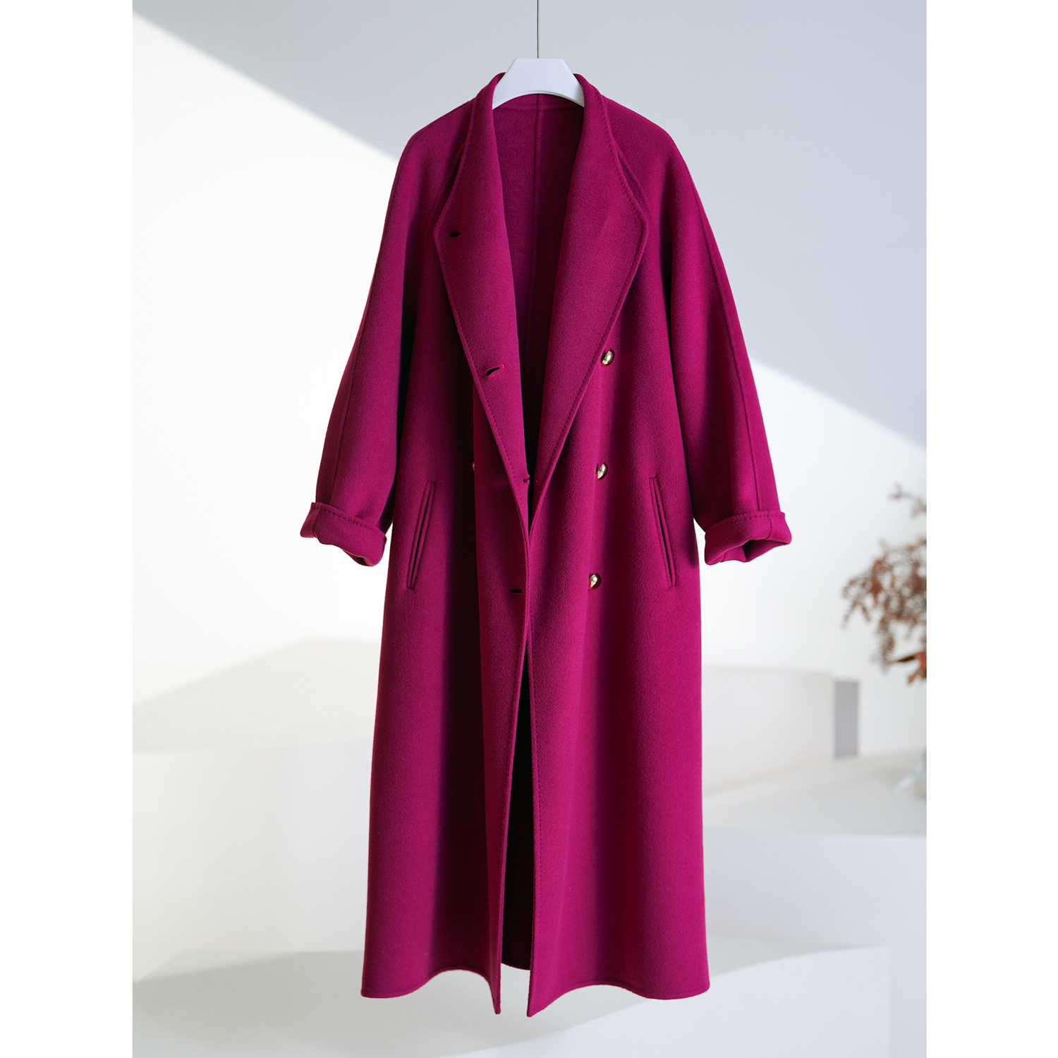 旧金山日落 新年气质树莓粉高端立领大衣