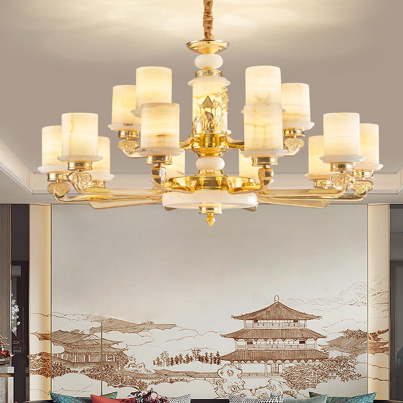 中式新中式酒店主卧主灯别墅吊灯创意国风客厅吊灯全铜玉石吊灯