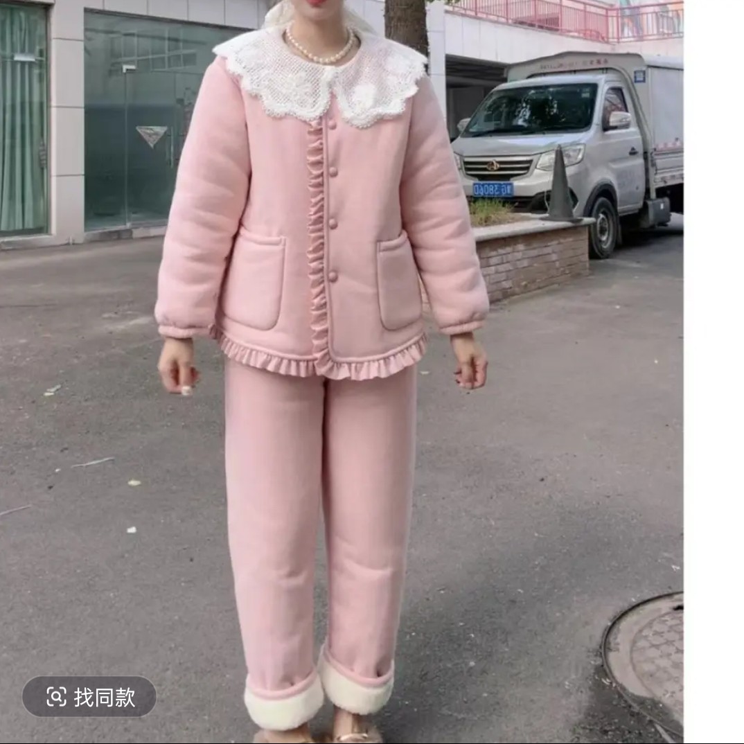 三层加厚加绒花边娃娃领可外穿女士珊瑚绒睡衣家居服