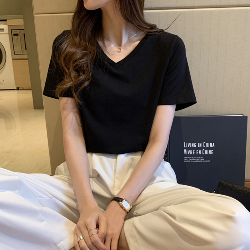 夏季新款白色t恤女短袖2024年纯色V领宽松简约体恤黑色打底衫女装