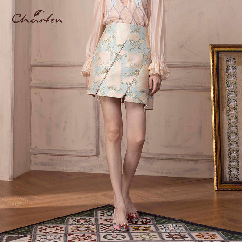 【媛媛专享】朝峰法式复古提花开叉包臀半身裙CFD1B117-1099E