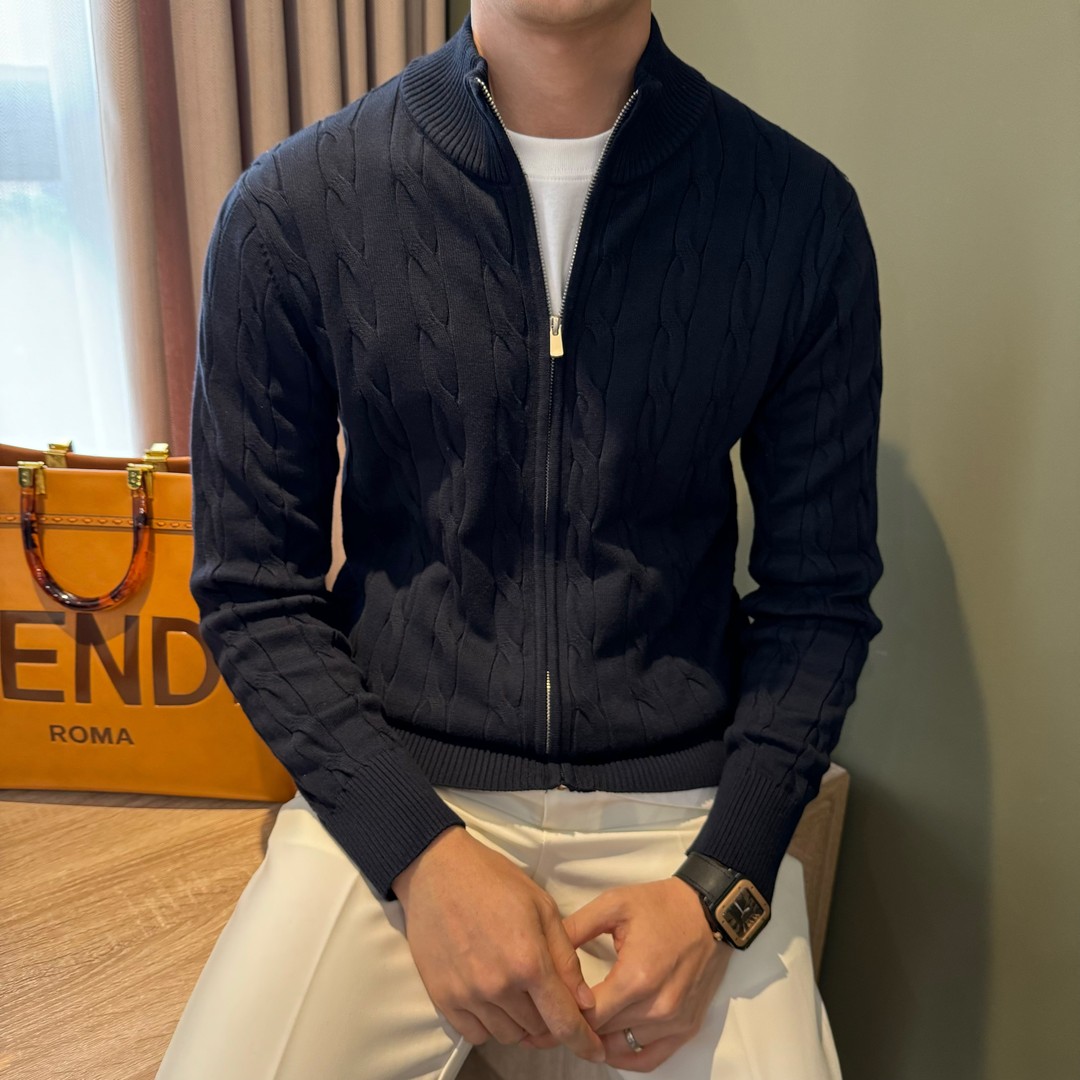 2025秋冬新款麻花纹理立领针织开衫男修身纯色拉链老钱风毛衣外套