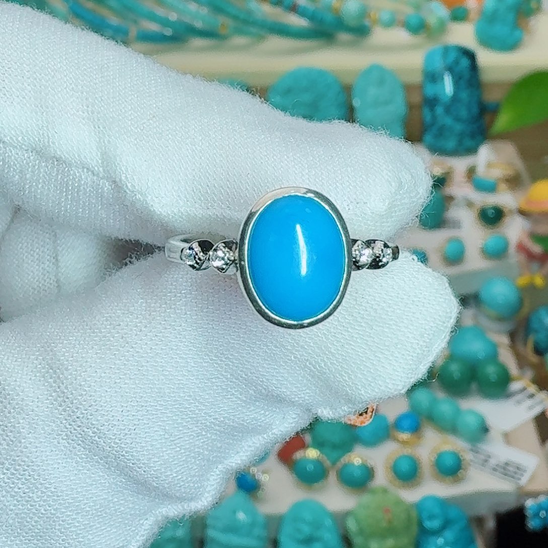 绿松石银S925镶嵌珠宝奇石高瓷高蓝戒指