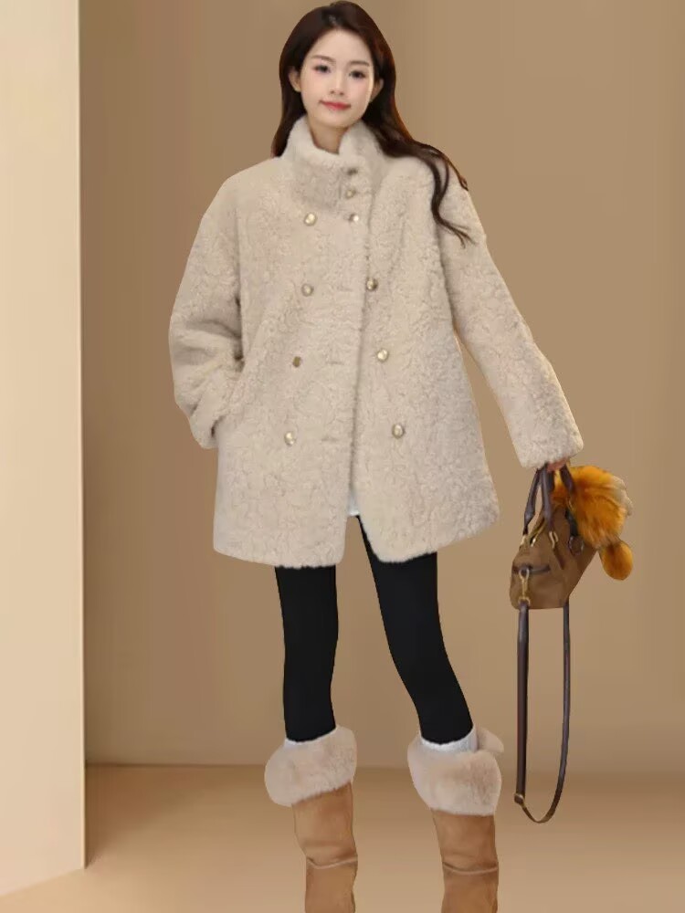 冬季短外套宽松长袖双排扣纯色百搭休闲韩版常规女小香风毛毛外套