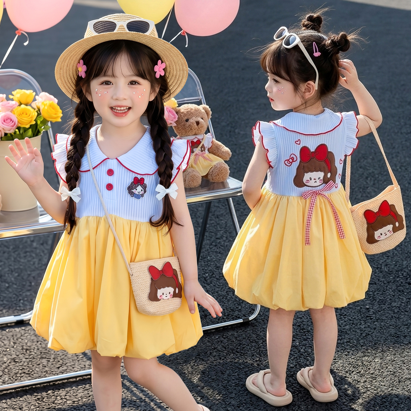 女童连衣裙2026年夏季新款小童宝宝可爱白雪公主翻领花苞公主裙潮