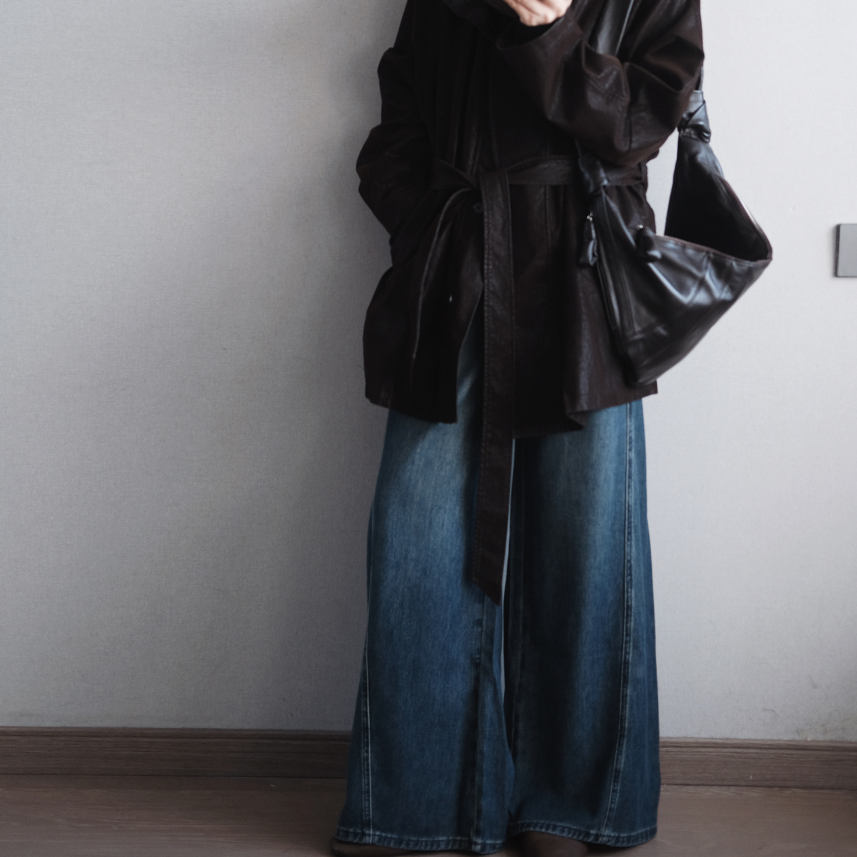 冬季新款 加绒复古微喇阔腿牛仔裤 164以上拍