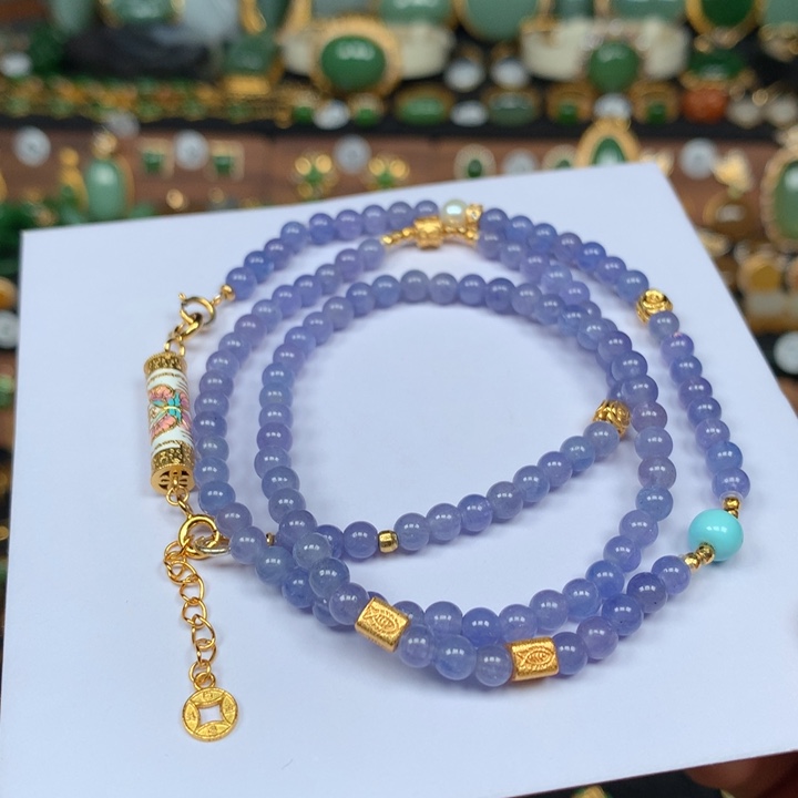 坦桑石颈饰银S925镀金镶嵌