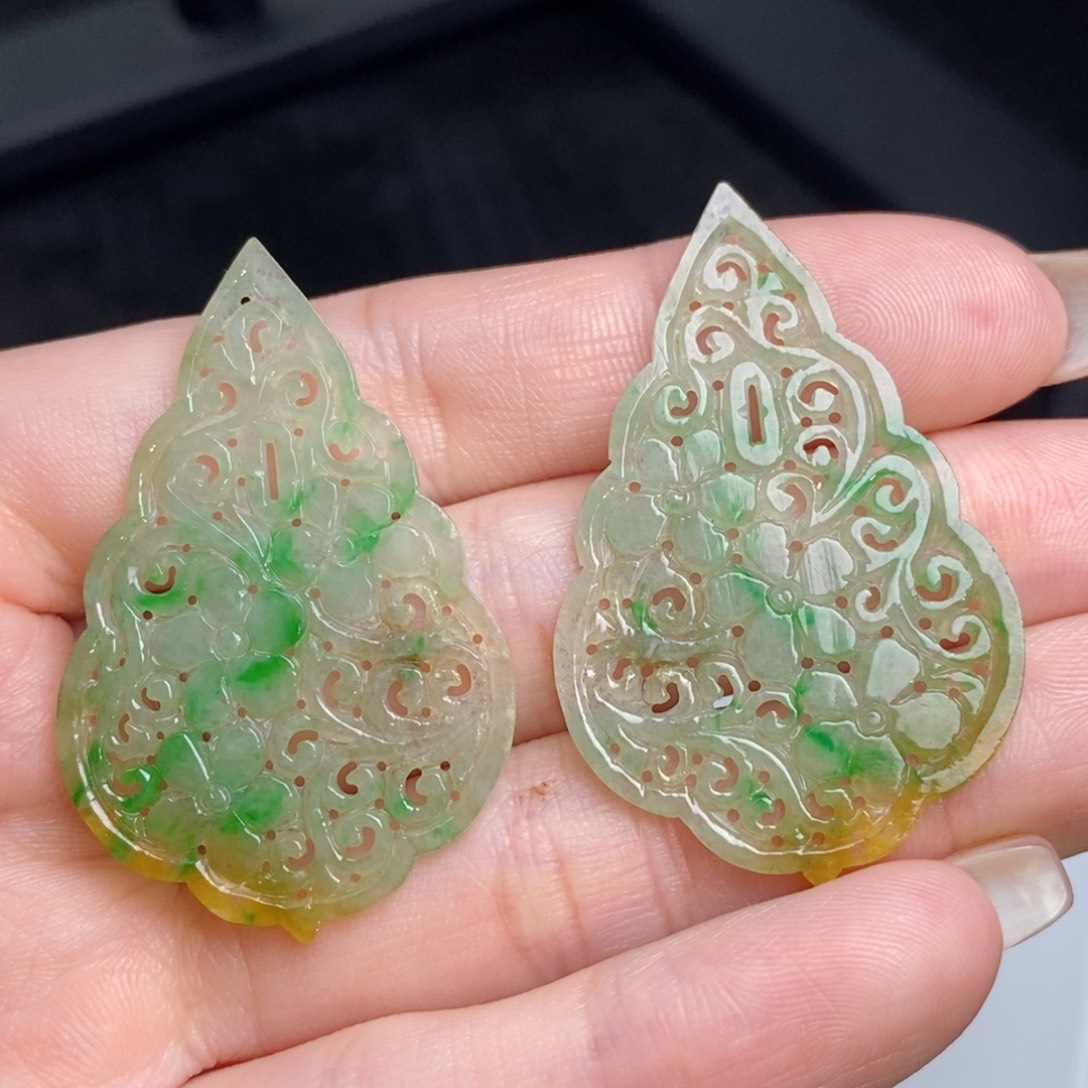 翡翠未镶嵌耳饰黄加绿镂空雕花片