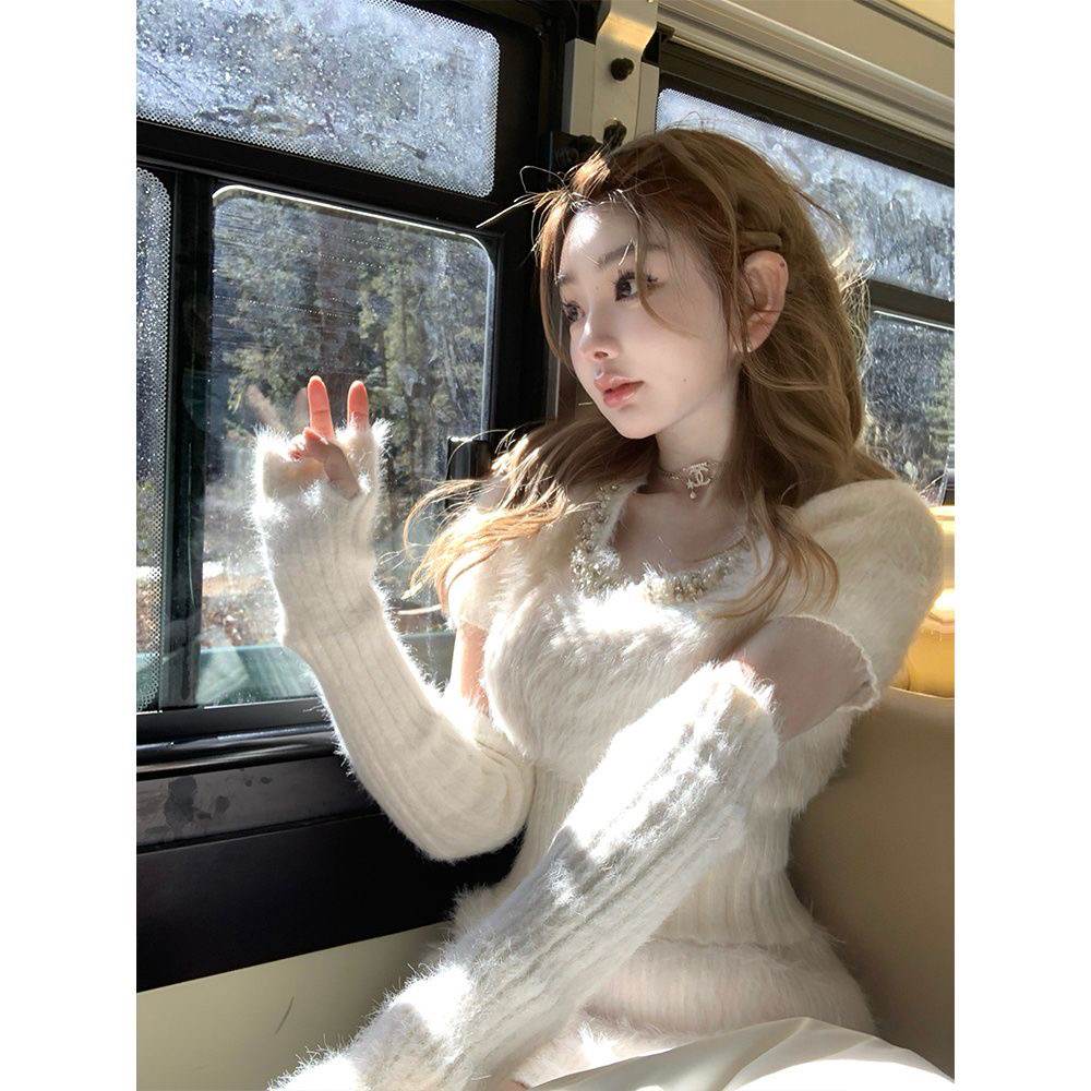 大码胖MM秋冬韩系时尚风钉珠袖套毛衣搭包臀短裙套装女小个子套装