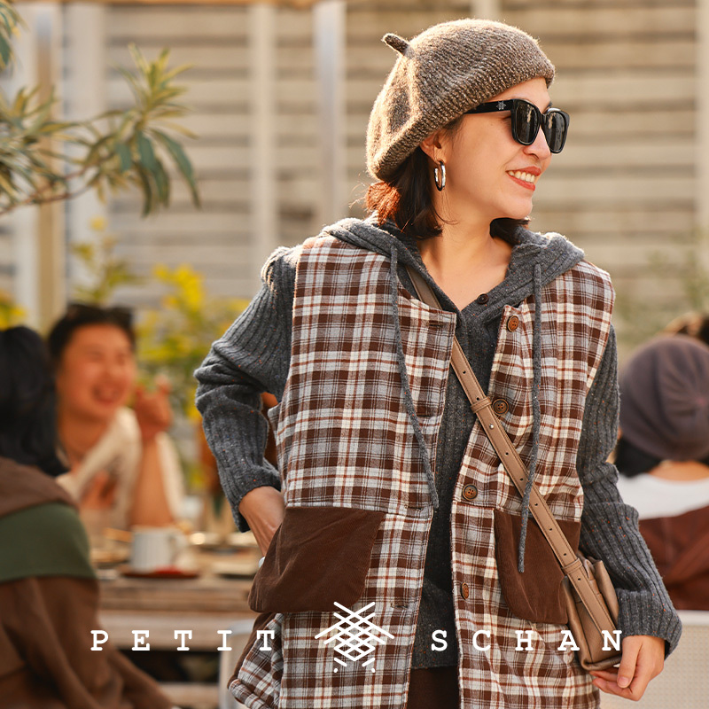 Petit Schan小闪 拾光 高支磨毛新疆长绒棉格纹骆驼绒骆驼毛马甲