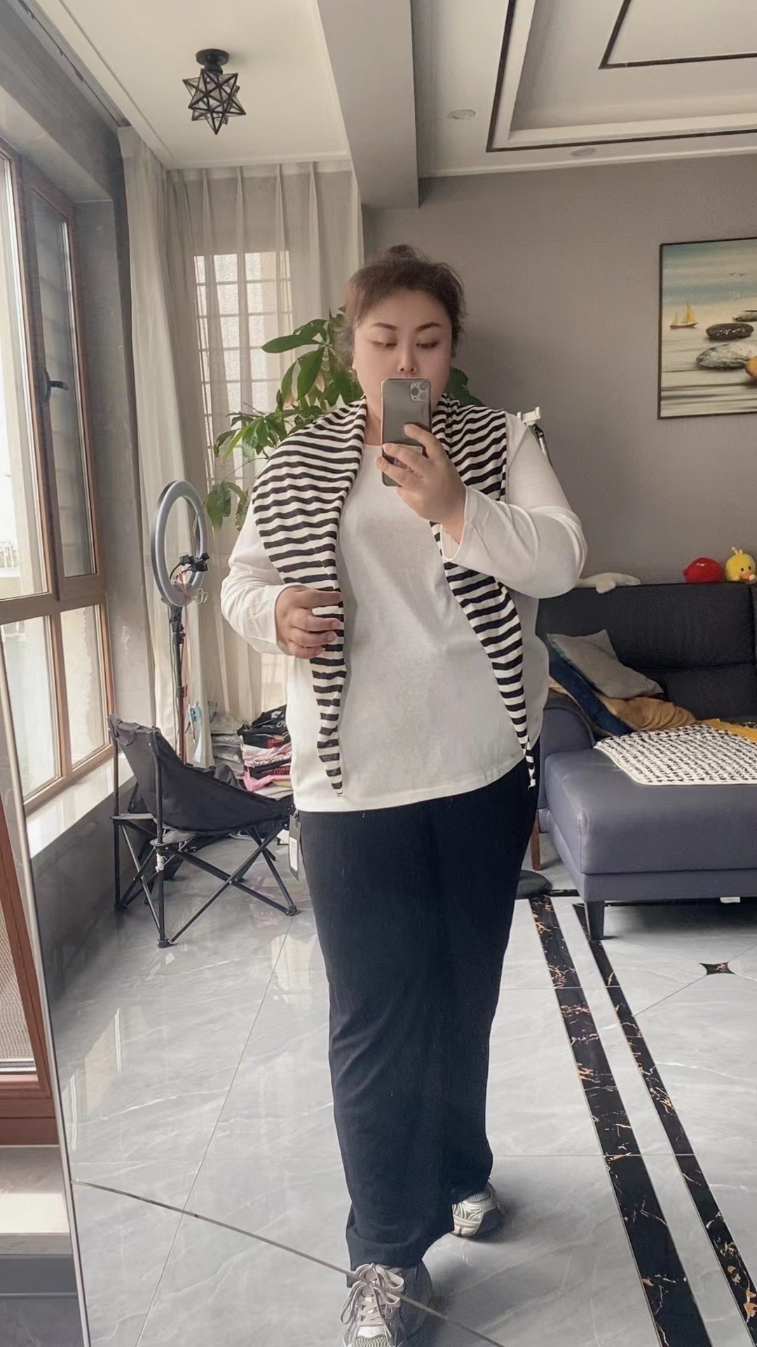 （燃燃推荐）秋季新款大码休闲披肩针织防风条纹保暖气质套装1719