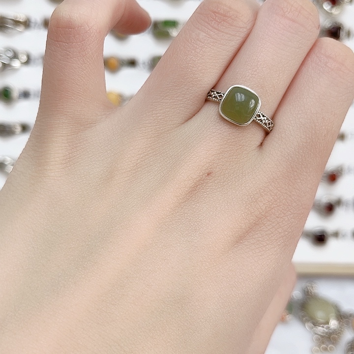 和田玉戒指银S925镶嵌天然