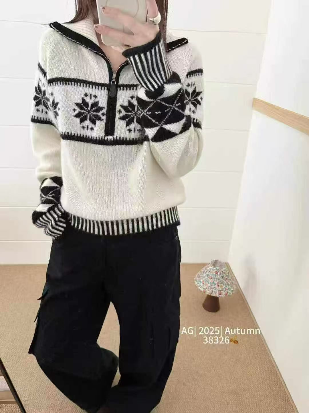 法式拉链提花针织女女士立领毛衣时尚女士网红高领