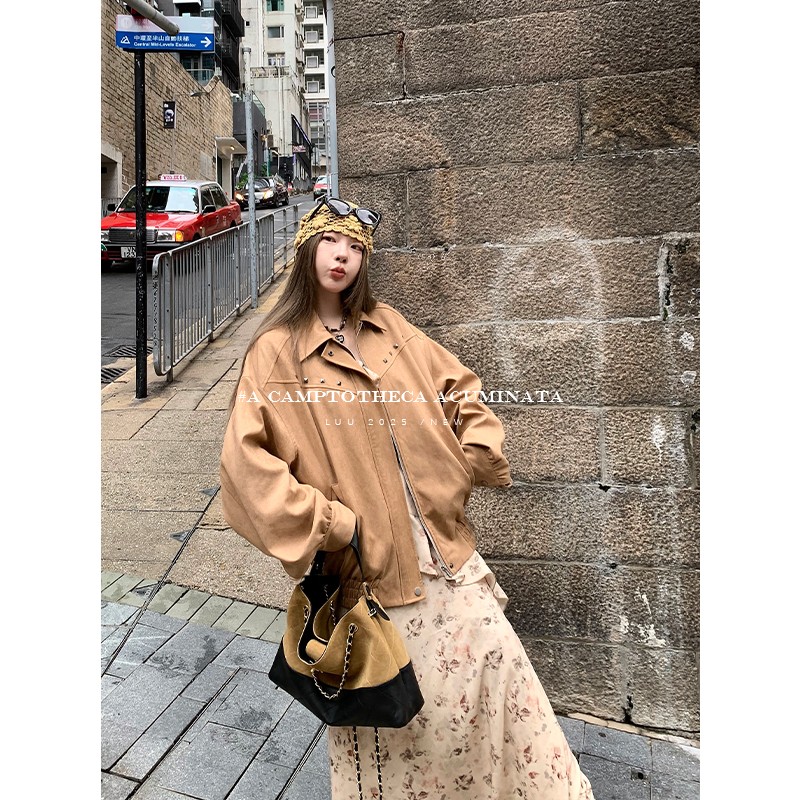LUU桃喜儿/卡其色复古飞行夹克女秋冬休闲宽松麂皮外套设计感上衣