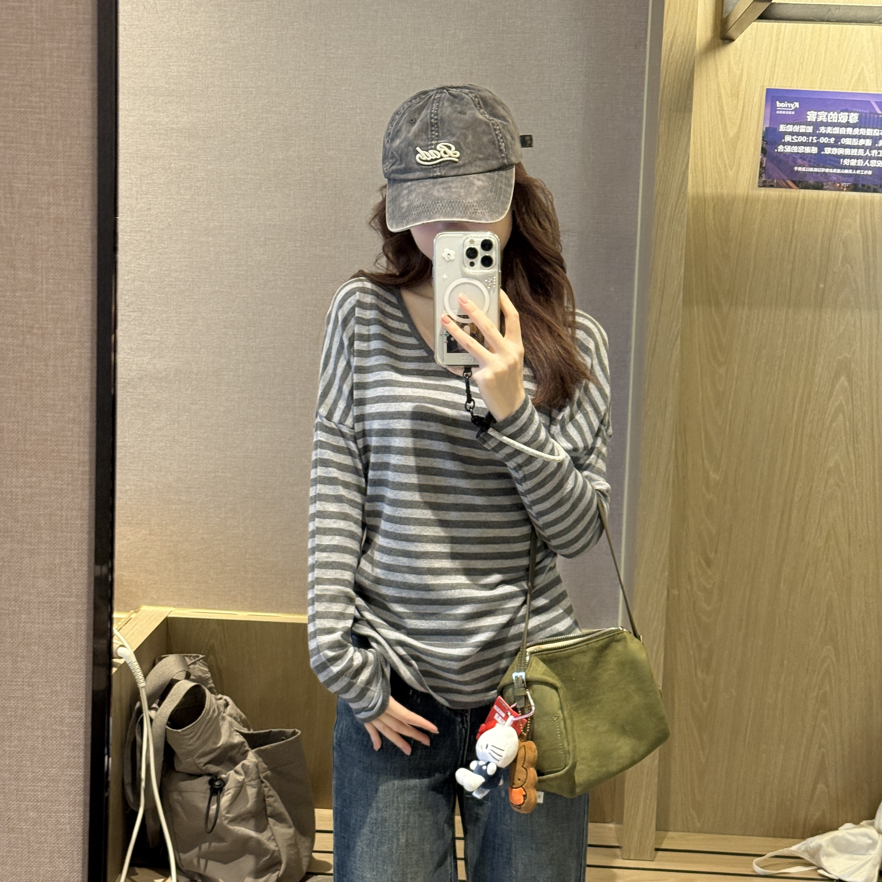 【羊陈通】*慵懒天菜*复古条纹V领长袖T恤女早秋宽松显瘦中长款上衣