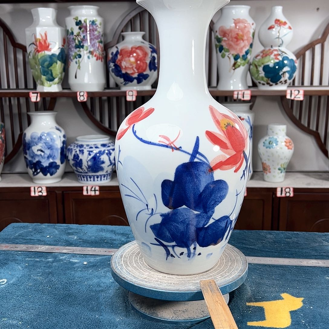 摆件景德镇陶瓷棒红荷