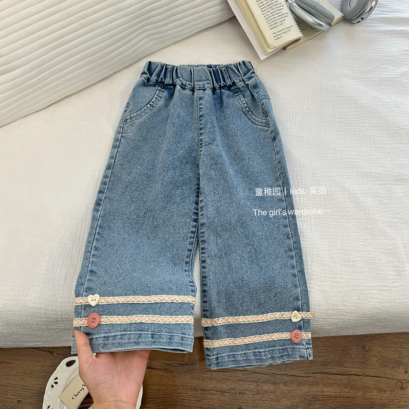 女童春秋新款牛仔裤韩版女宝宝花边直筒裤儿童洋气阔腿长裤潮秋季
