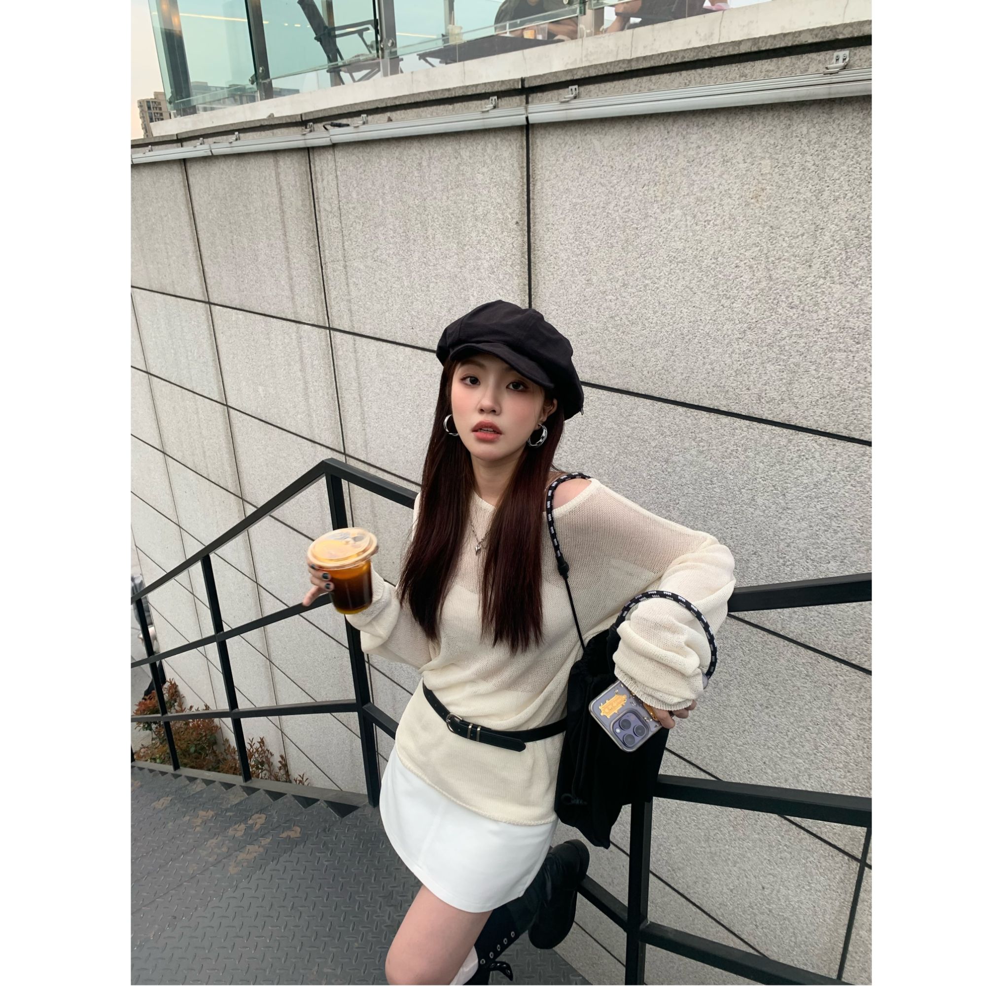 【OneMinute】春夏休闲和纸纱白色镂空上衣