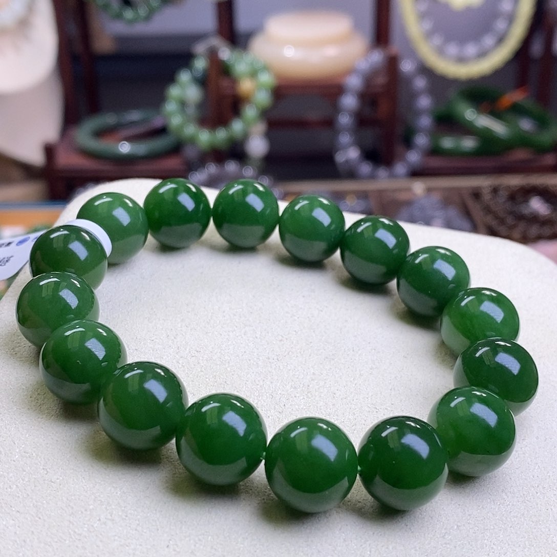 和田玉毕业碧玉高冰老矿料辣绿圆珠手串13m未镶嵌
