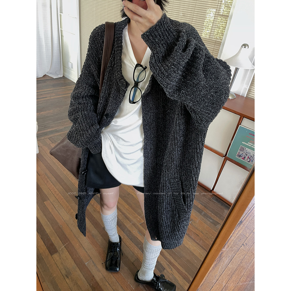 JCCC影子【糯言】花灰色慵懒廓形雪尼尔针织中长款毛衣开衫JE5BZW10