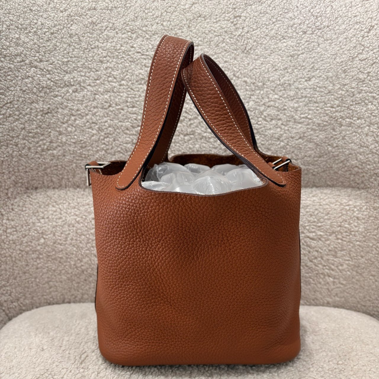 99新 Hermes/爱马仕 金棕银扣菜篮子18cm D刻