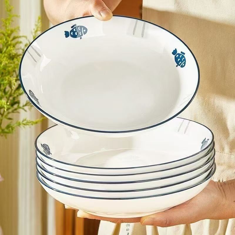 【6只装】年年有鱼7英寸深盘高温釉下彩陶瓷餐具