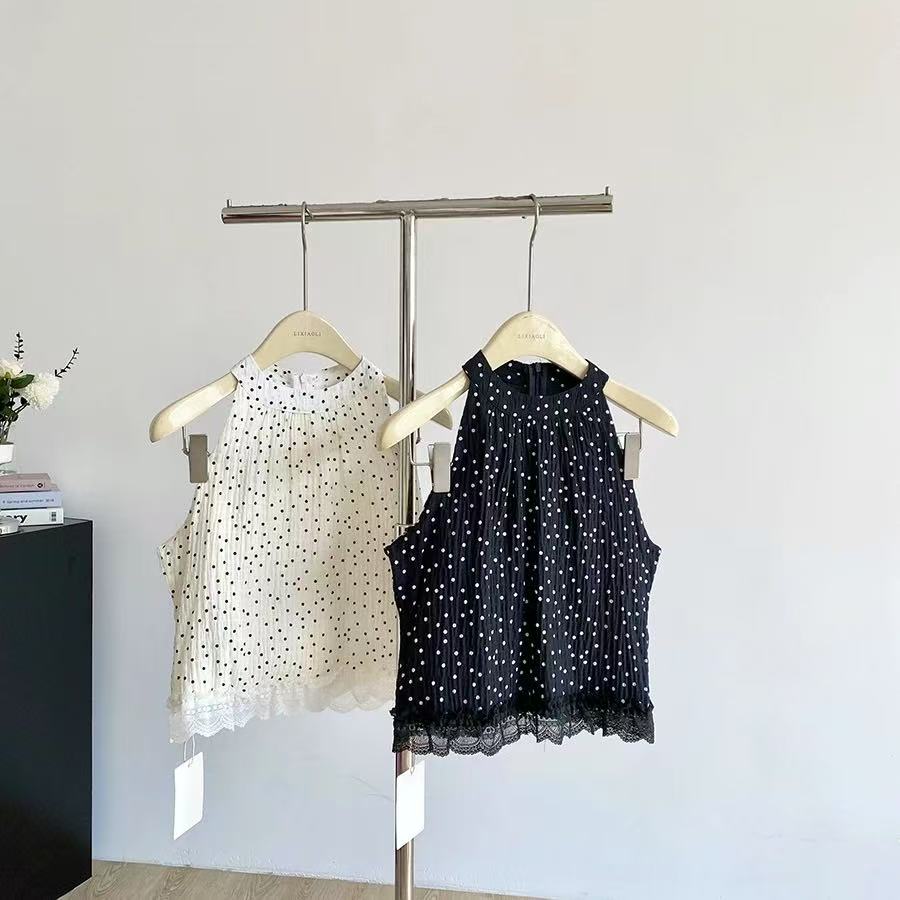 【Z】524/623192/119-9  法式纯欲拼接蕾丝波点挂脖吊带