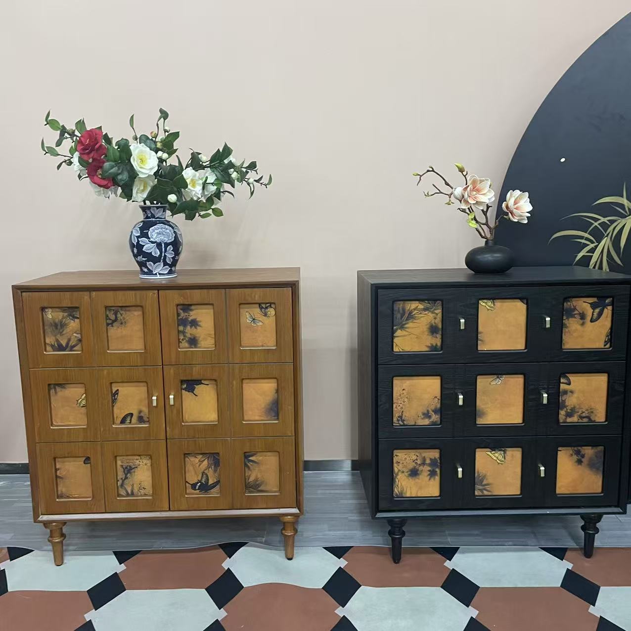 美式艺术植物花卉做旧新中式斗柜复古玄关柜子置物边柜轻奢