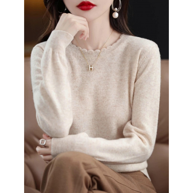 2025年软糯休闲花边圆领打底衫女新款洋气秋冬毛衣长袖针织衫宽松