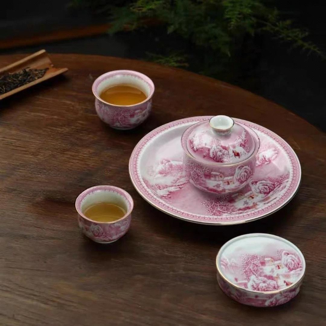 景德镇七丞堂釉下彩玛瑙红雪景家用中式茶具对杯茶杯五件套陶瓷