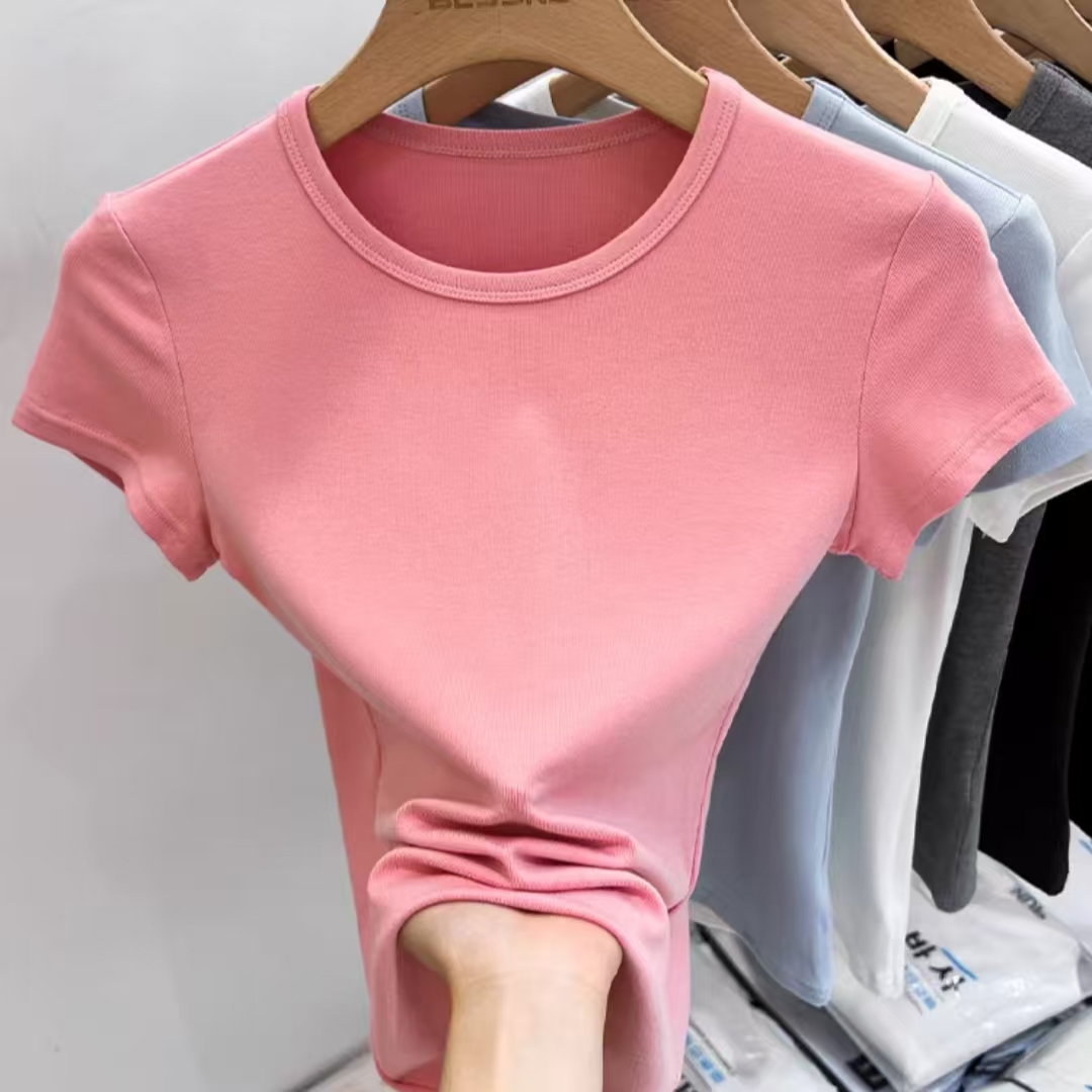 522/2516-1/18 短袖T恤女白正肩显瘦百搭圆领修身