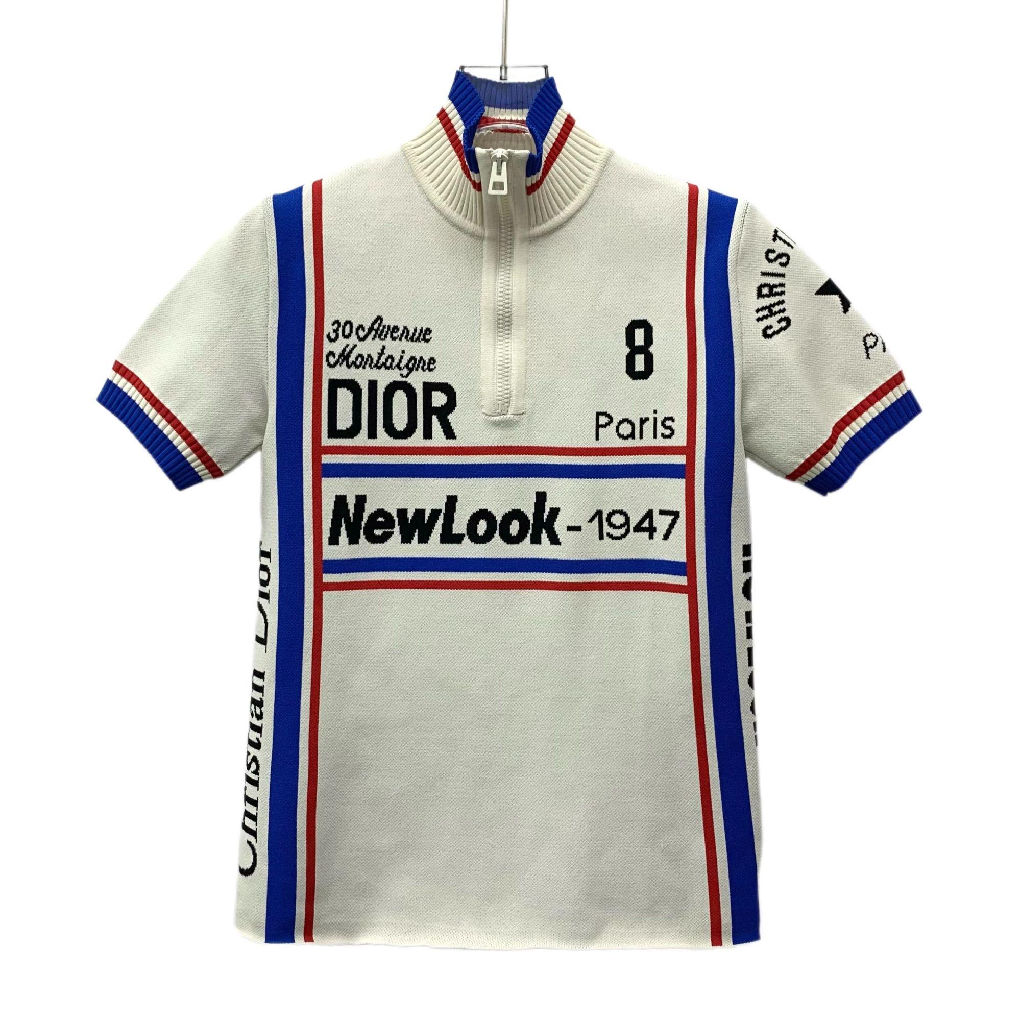 95新 DIOR/迪奥 J19453 米白色条纹字母嵌花短袖针织衫 36 XS码
