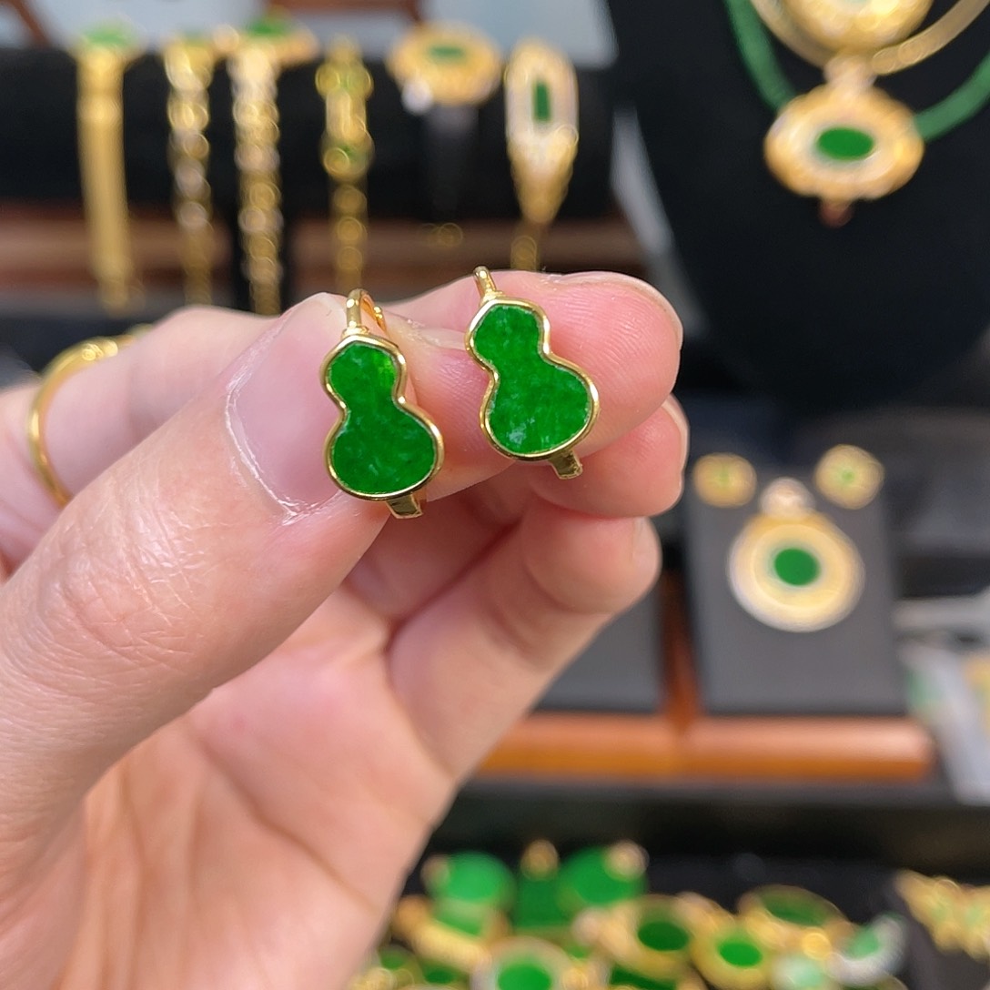 翡翠耳饰银S925镀金镶嵌