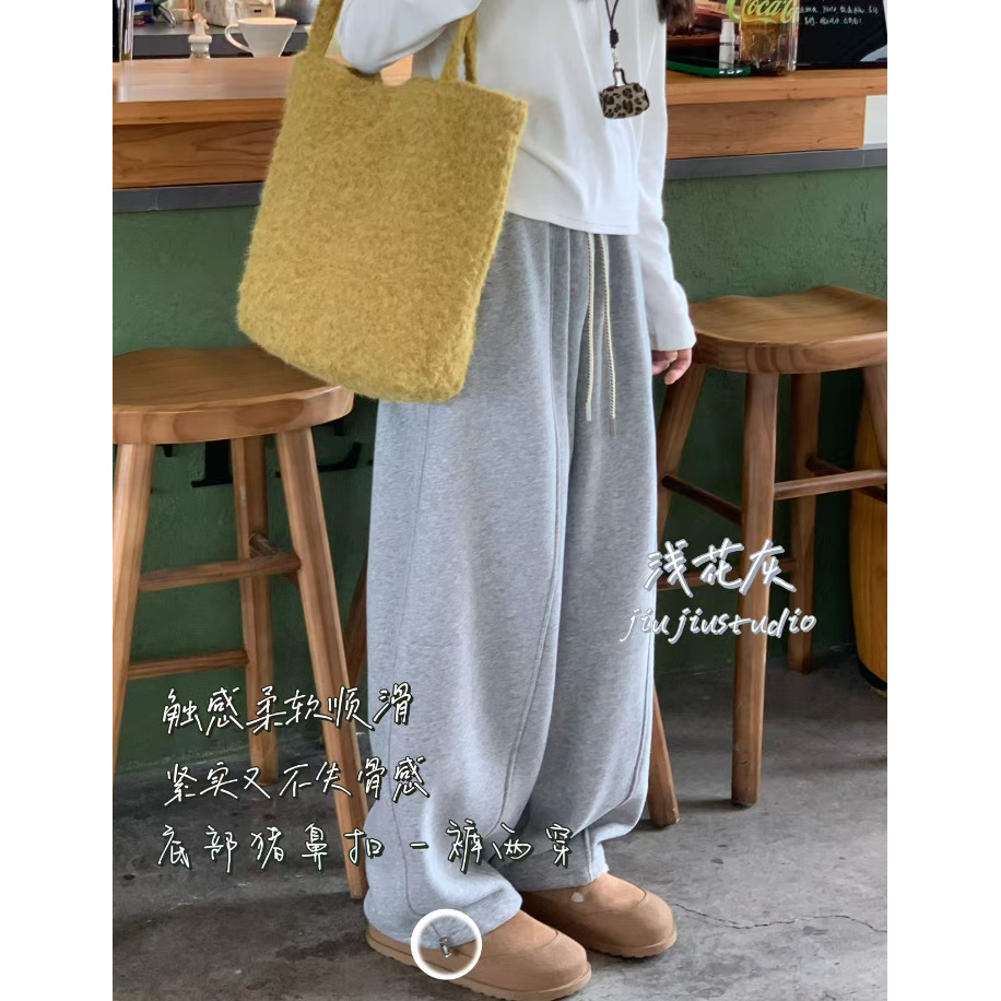 九佳 新款一裤两穿加厚显瘦抽绳高腰.宽松针织时尚休闲直筒裤