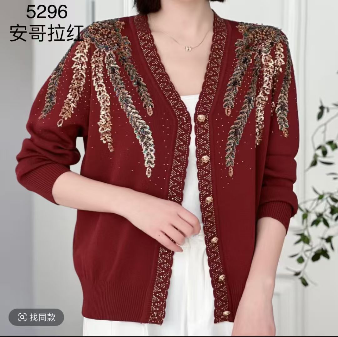 【专柜新品】长袖洋气时尚中老年女性针织开衫钻刺绣妈妈装秋季外套