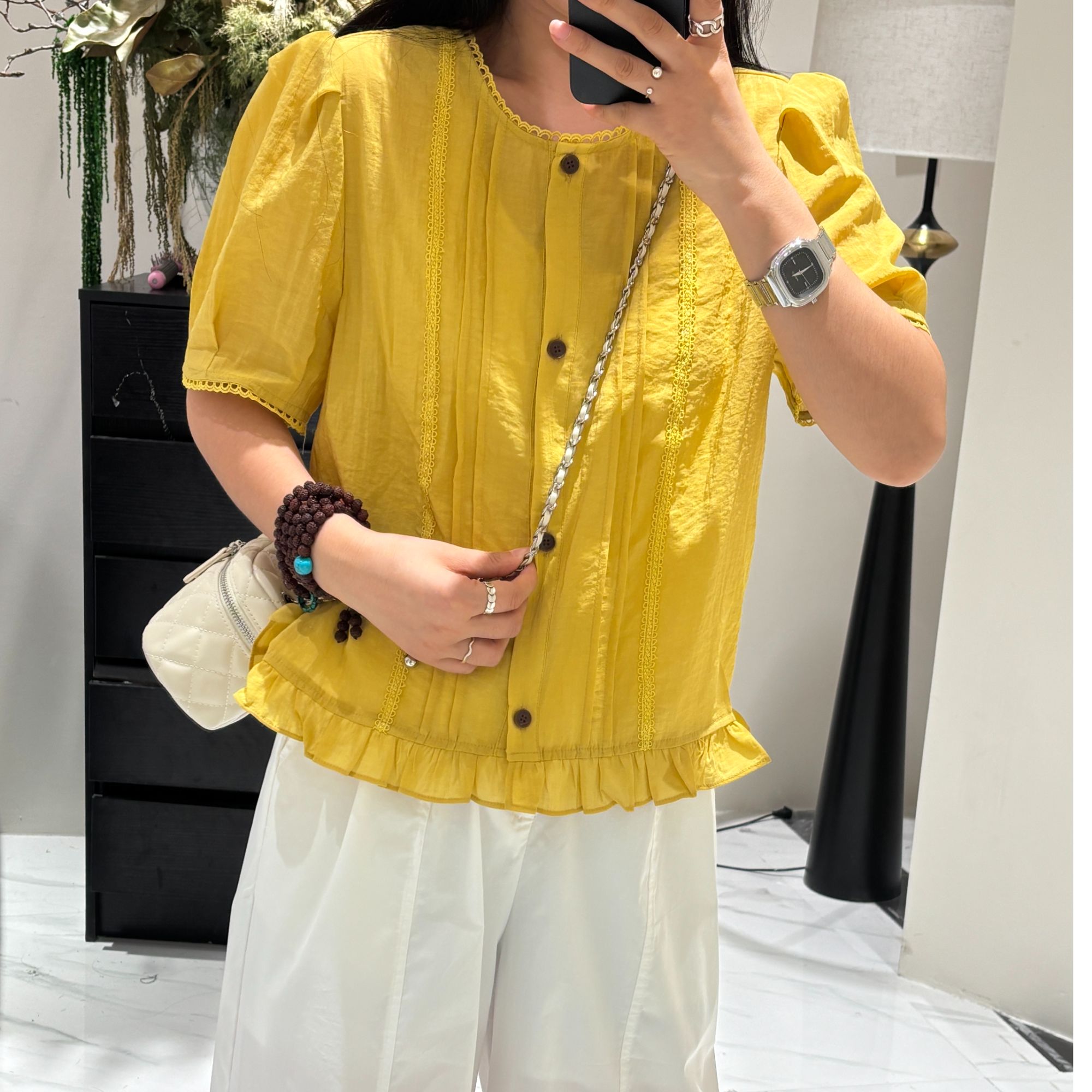 25125韩版蕾丝花边圆领短袖衬衫夏季新款温柔短款气质小衫上衣