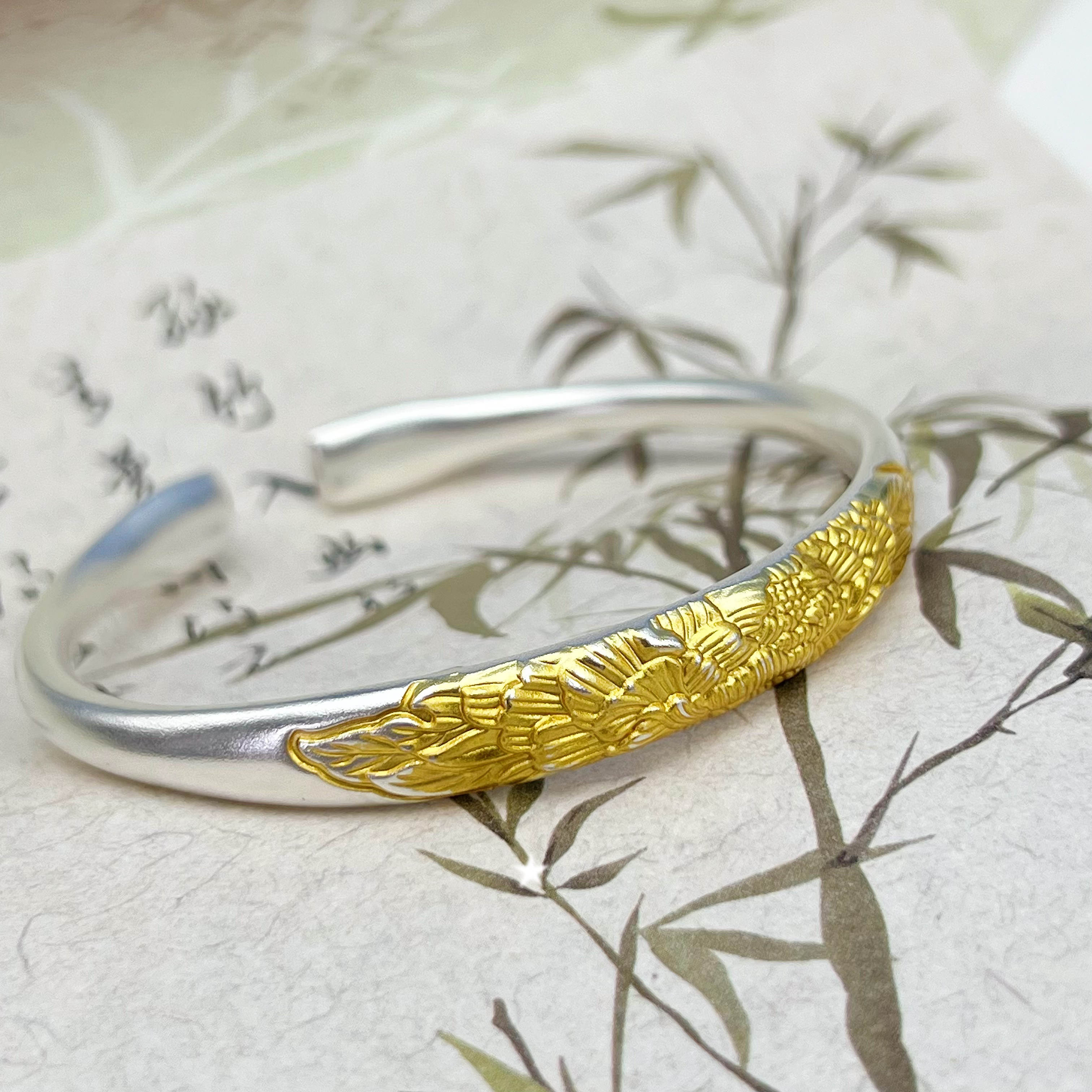 君派 足银手镯 【富贵牡丹】足银999.9开口描金牡丹手镯新款