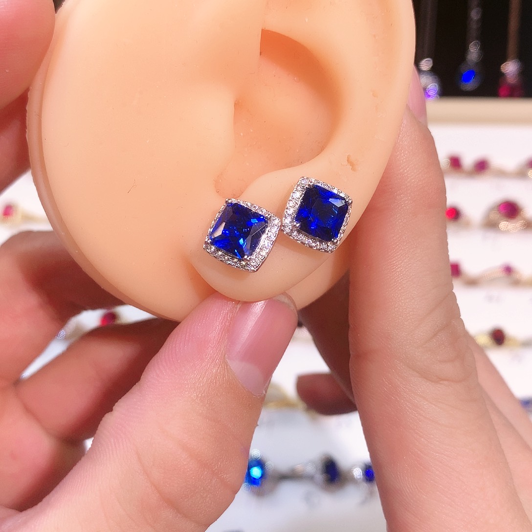 蓝宝石耳饰银S925镶嵌