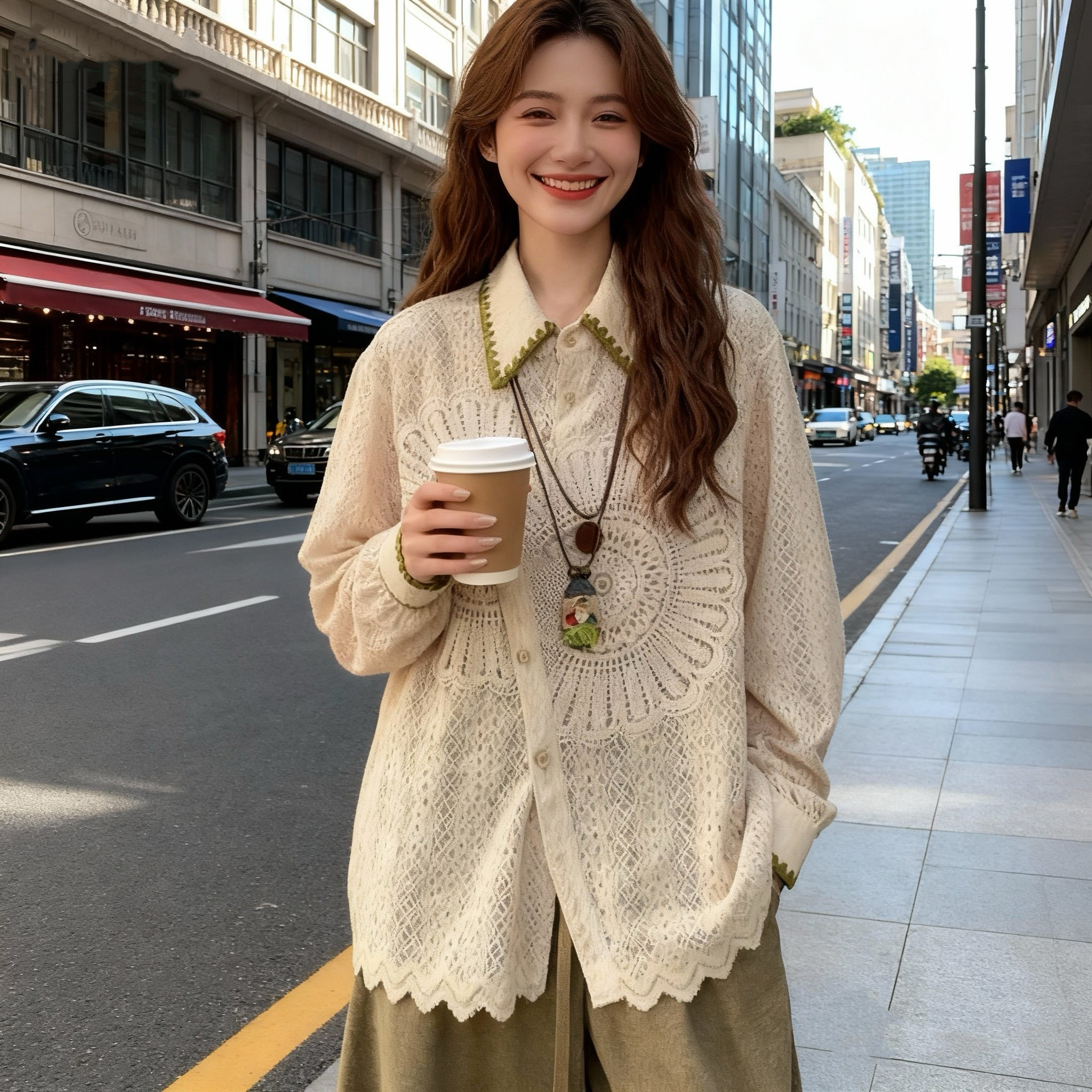上衣秋冬季新款长袖气质设计感太阳花洋气蕾丝打底中长款衬衫女
