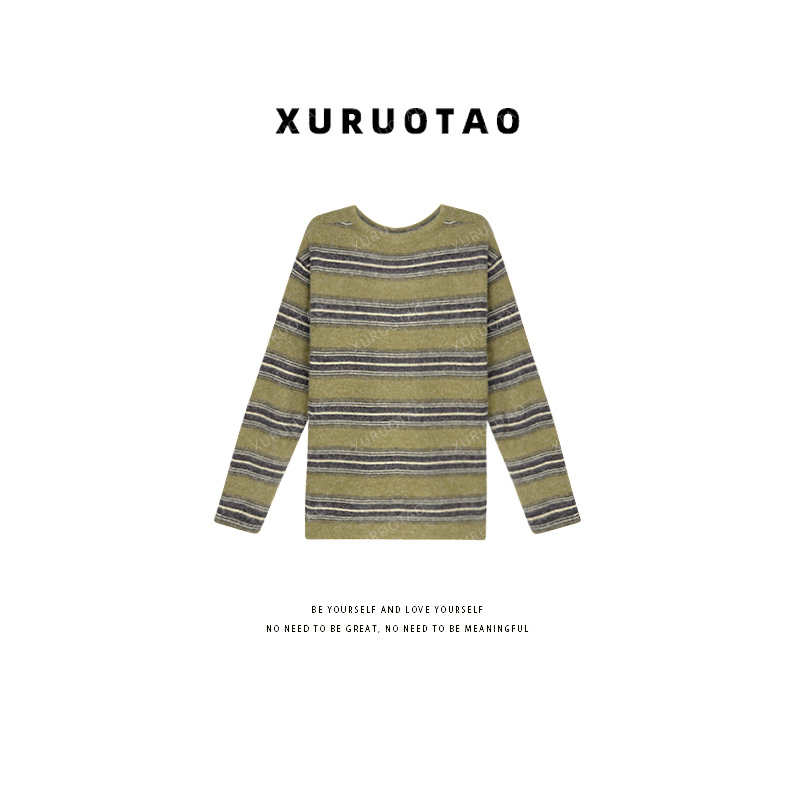 XURUOTAO 【意式条纹】羊绒混纺加厚条纹设计感显瘦绿色上衣 T5933
