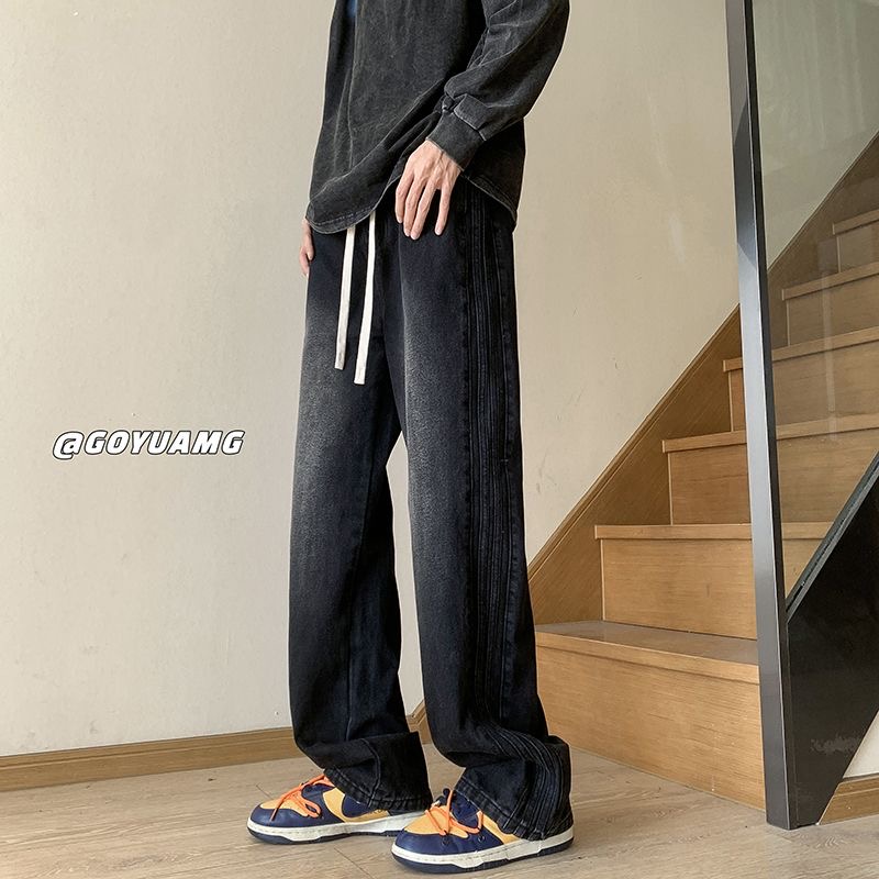 条纹黑色牛仔裤男士美式复古高街vibe微喇裤宽松直筒裤子