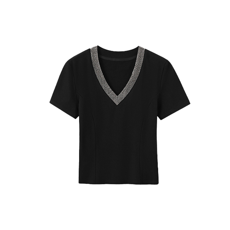 V领夏季纯色抗皱镶钻短袖T恤气质轻奢重工时尚小众
