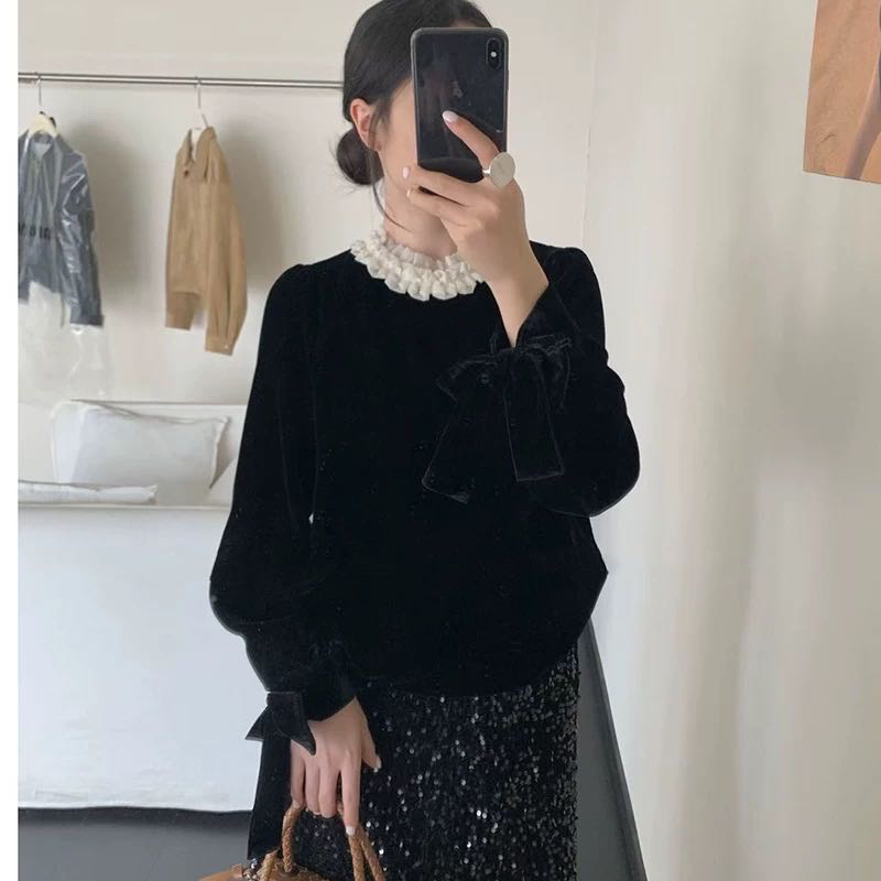 新款 秋冬法式圆领木耳边丝绒打底 百搭高级感显瘦长袖