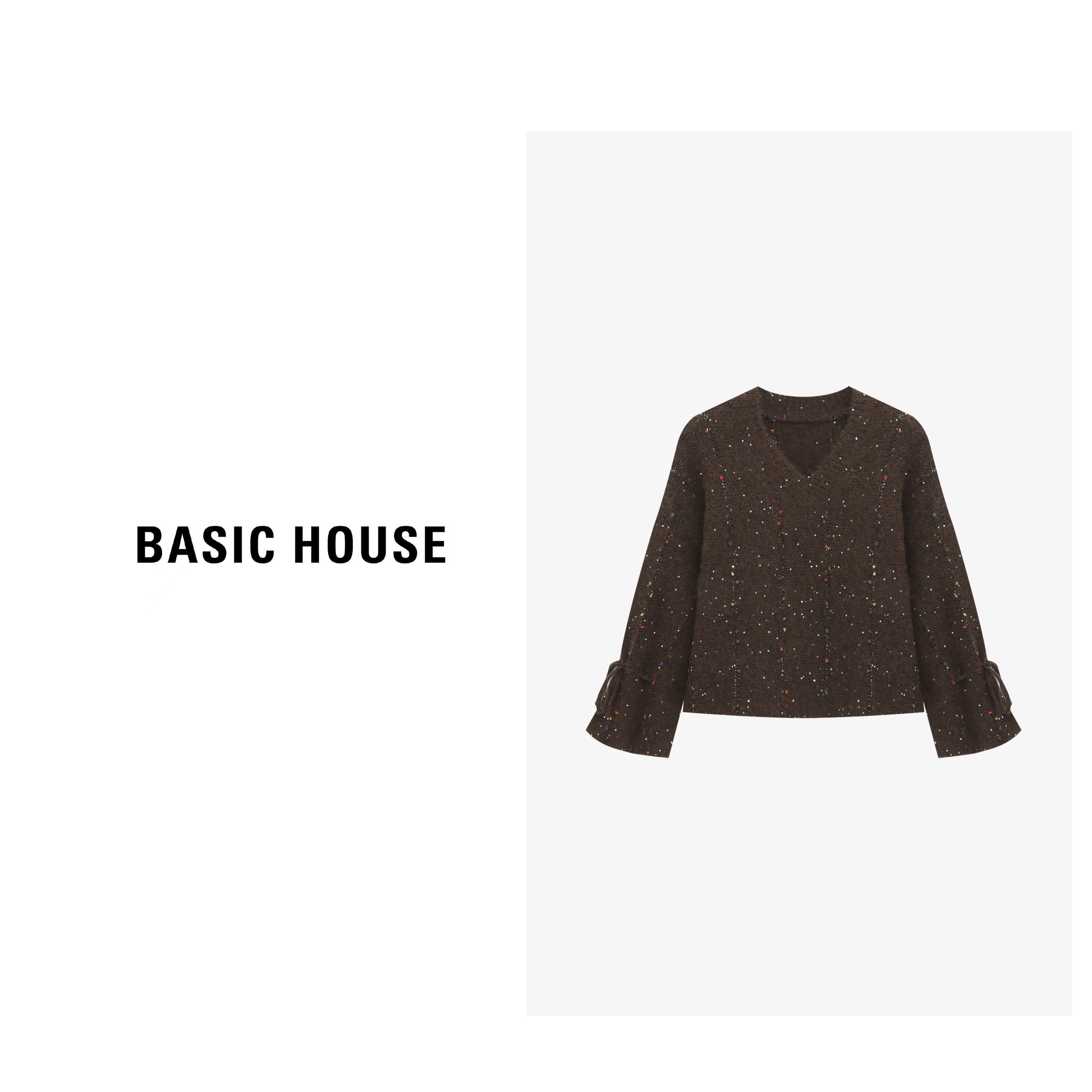 Basic House/百家好新款慵懒松弛绑带设计V领毛衣-B0625B5KMO2