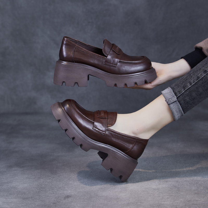 【卡卡定制】头层牛皮手抓纹乐福鞋2025春季爆款新款厚底复古女单鞋