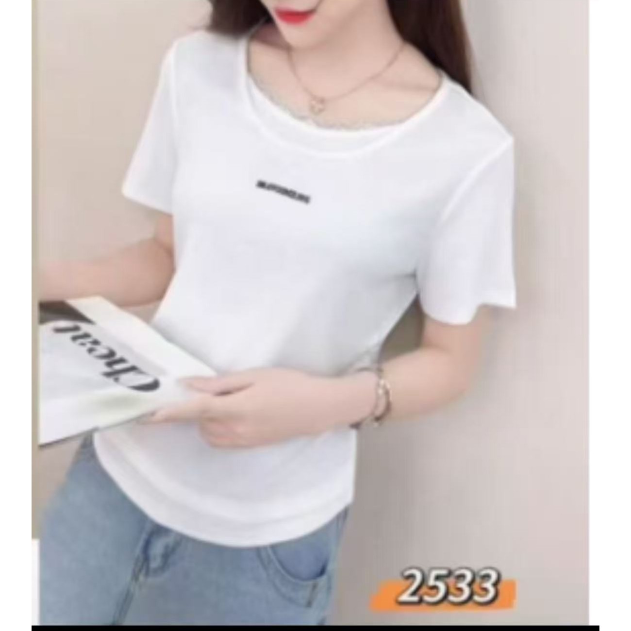 2025夏季新款时尚短袖假两件蕾丝拼接T恤修身显瘦女上衣2533长52