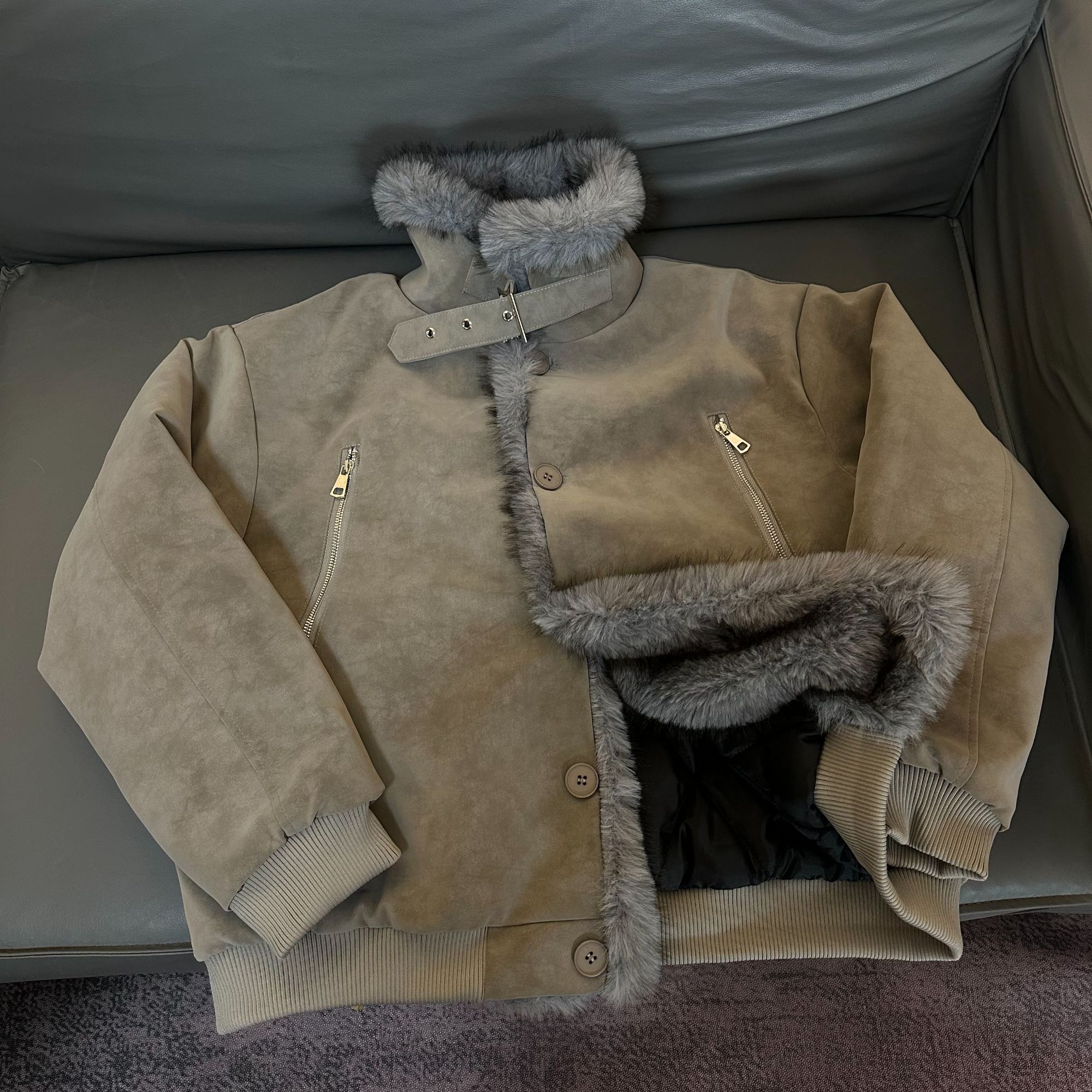 Z324【栗丽子专属】麂皮绒座山雕毛领棉衣冬季美式潮牌cleanfit外套